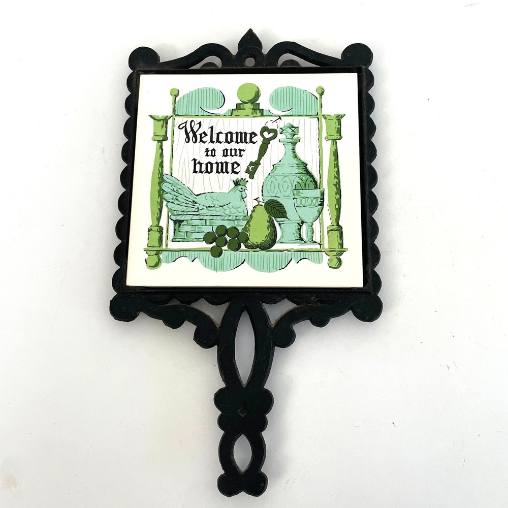 Vintage Labeco Japan Cast Iron Ceramic Trivet‎ Welcome To Our Home Green White